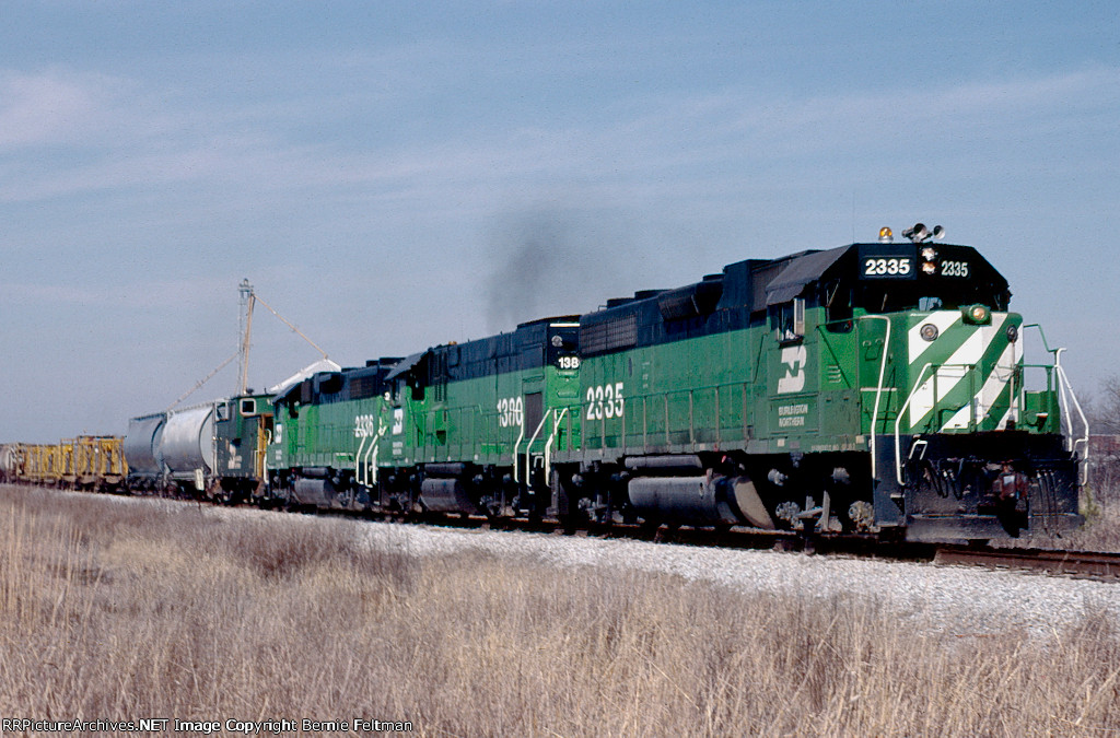 Burlington Northern GP38-2 #2335, leading an Amory to Columbus turn, 